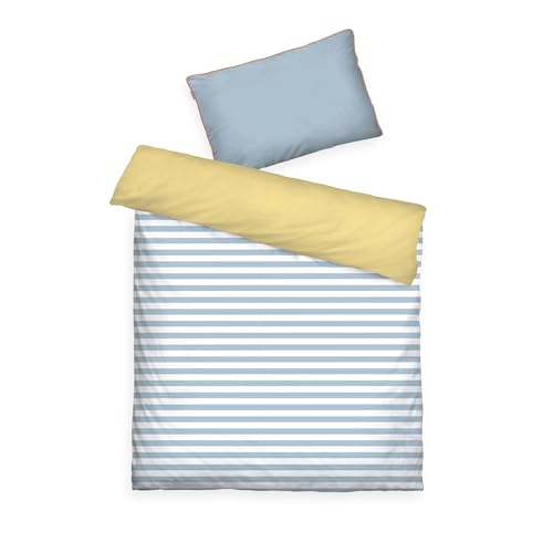 TOM TAILOR Perkal-Babybettwäsche, 40x60 cm + 100x135 cm, 100% Baumwolle/ Perkal, Mit Wendemotiv, Paspel und Markenreißverschluss, STRIPES WITH A KICK Hellblau, Gelb (Sky Blue & Light Lemon)