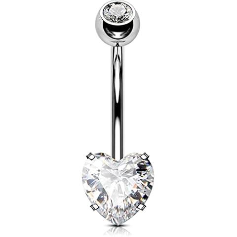 OUFER 14G Titanium Belly Bars Heart Balls Long 12mm Navel Piercings Rings Double Clear Gem 1.6mm Belly Button Jewellery Cover