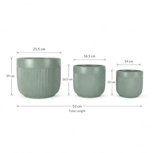 Image of Xtore Verde Ceramic Ribbed Planter Set | Soft Tone Vertical Groove Plant Pots for Home, Office & Living Room Decor - (Set of 3, Green, Planter ONLY)