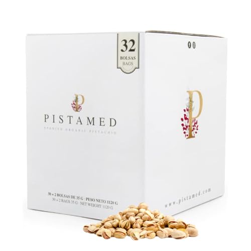 PISTAMED - Pistachos con cáscara - Sin Sal - Tostado Artesanal - Sin Aditivos y Sin Gluten - Alto en Contenido en Fibra - Dietas Vegetarianas y Veganas - Contenido: 35 g (Paquete de 32)