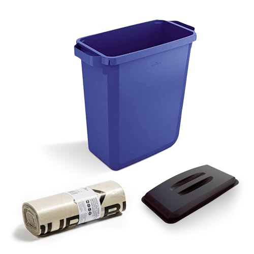 DLM Direct DURABIN - Cubo de basura rectangular azul de 60 litros y tapa negra y 25 bolsas de basura ecológicas de 110 L, juego de contenedores de plástico reciclado con asas de fácil transporte para