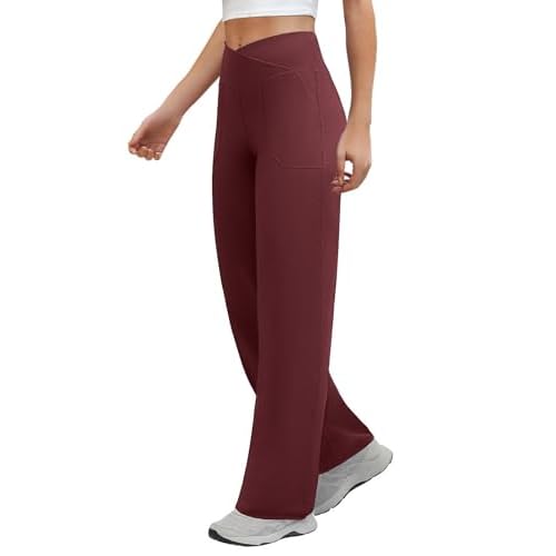 Wide Leg Pants Woman Crossover Yoga Pants with Pockets Loose Stretchy Work Dress Pants Casual Lounge Sweatpants Wine Red Small