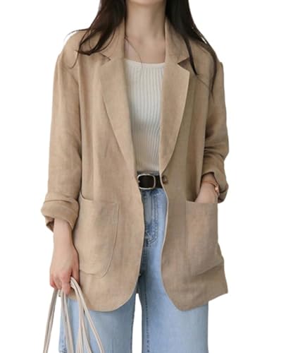 Women's Linen Blazer Jacket 2025 Lightweight Button Lapel Casual Long Sleeve Work Office Summer Jackets