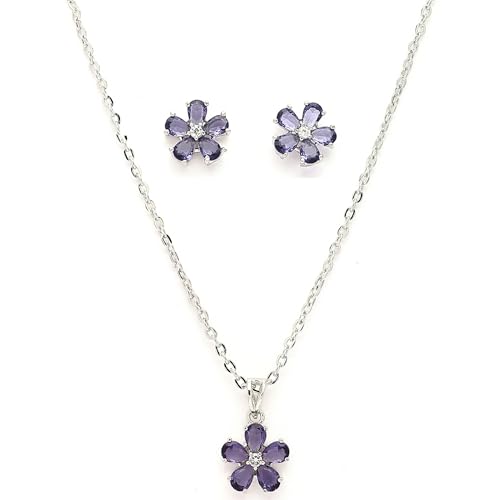 Image of ZENEME Rhodium Plated Silver Toned American Diamond Studded Floral Shaped Pendant Chain With Earrings Jewellery Set For Women And Girls