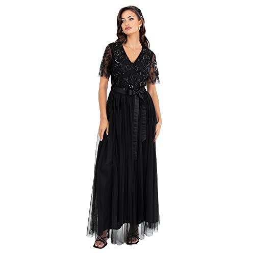 Maya Deluxe Damen Womens Maxi Dress Ladies Ball Gown for Wedding Guest Embellished Tie Waist V Neck Bridesmaid Prom Evening Occasion Kleid, Schwarz,...
