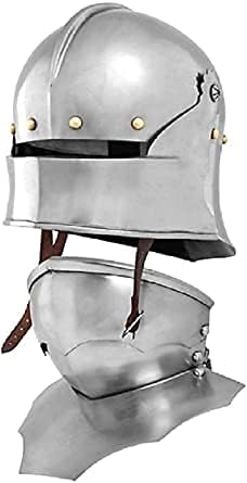 Gothic Sallet Helmet with Bevor Medieval Armour - 18 Gauge Silver