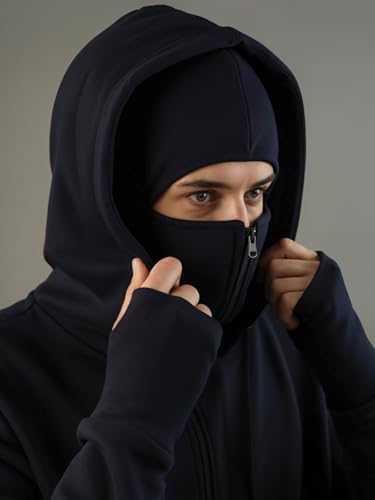 Image of ADRO Men Balaclava Hoodies | 320 GSM Soft Cotton Zipper Hoodie | Thumb-Hole Cuff Gloves | Travel Jacket with Hood | Winter Sweatshirt