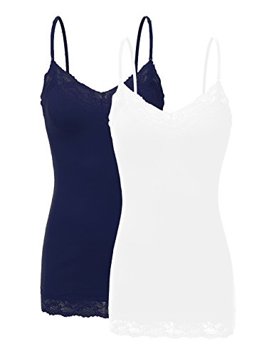RT1004 Pack Ladies Adjustable Spaghetti Strap Lace Tunic Camisole 2Pack-WHT/Navy M