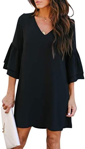BELONGSCI Women's 2023 Summer Dress Sweet & Cute V-Neck Bell Sleeve Shift Dress Mini Dress