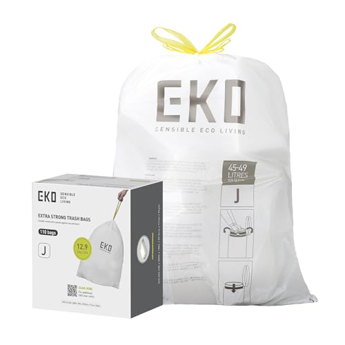 Image of EKO 12.9 Gallon / 45-49 Liter, 110 Count Drawstring Trash Bags, Extra-Strong Unscented Garbage Bags, Easy-Dispense Roll for Kitchen & Household Use, Resists Tears, Leaks and Punctures, Code J, White