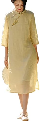 NFYM Linen Cheongsam Dress for Women Spring Knee Length Long Eleg...