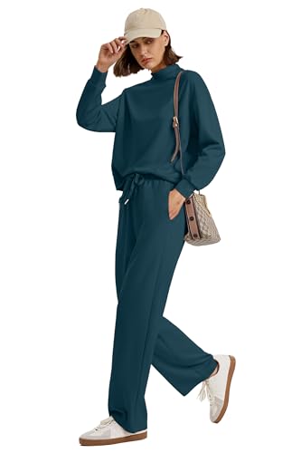 Image of WIHOLL Two Piece Sets for Women Fall Outfits Lounge Sets Mock Neck Tops Wide Leg Pants Vacation Travel Airport Outfits