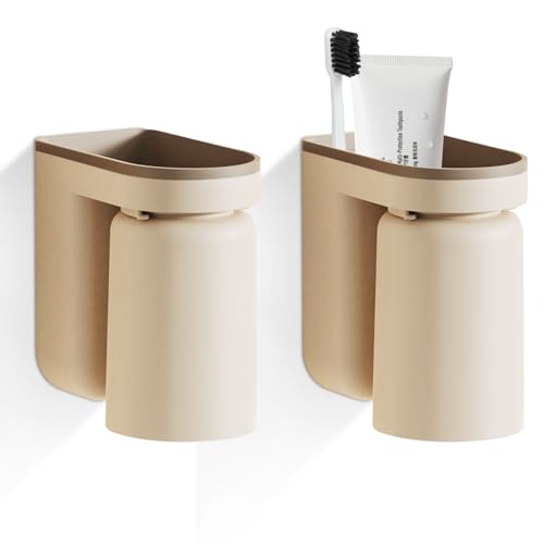 Gsycle Servitori di Spazzolino da 2 Pezzi Montati A Parete, Porta di Stoccaggio Dell'organizzatore di Spazzolino da Denti ABS Adesivo con Tazze per Bagno (Beige)