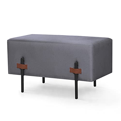 Puff Recamier Retangular Durhan Industrial de Linho Detalhe em Couro (Chumbo)