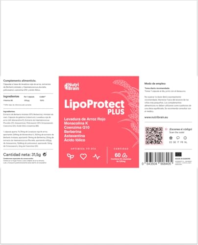 Levadura de Arroz Rojo con CoQ10 | Monacolina K Concentrada | Envase XXL - 2 meses | con Berberina + Astaxantina + Ácido Fólico | Regula Colesterol y Triglicéridos | 60 Cápsulas
