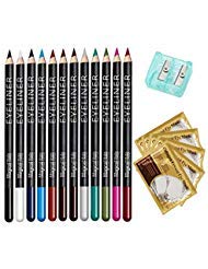 Eyeliner Pencil Makeup Set - 12 Assorted Colors Natural Matte Long Lasting Hypoallergenic Under Eye Liner Kit with Sharpener & 10 Eye Masks (Black Gray Brown Plum Purple Lavender ect.) by"wonder X"
