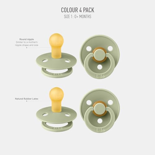 Image of BIBS Pacifiers - Colour 4-Pack | BPA Free Baby Pacifier | Round Nipple Binkies | Natural Rubber Latex Soother | Made in Denmark | Size 1 (0-6 Months) |Sage
