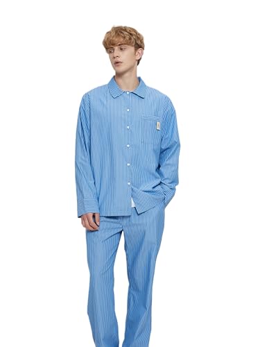 7 VEILS Mens Natural Lyocell Cotton Long Sleeve Pajamas Set Button Down Loungewear Sleepwear Striped Pjs Set2