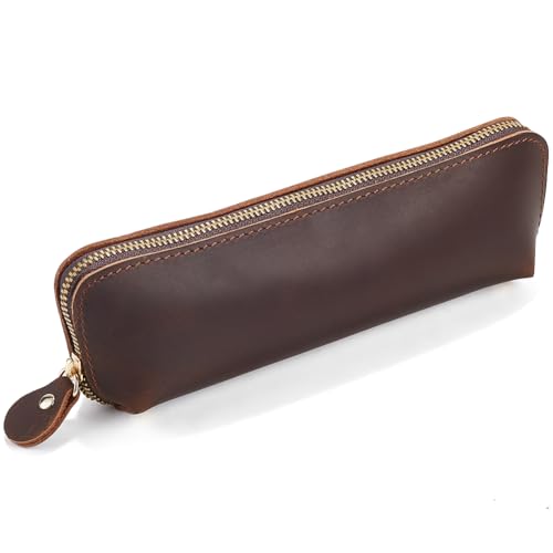 GORGECRAFT Genuine Leather Pen and Pencil Case Large Capacity Crazy Horse Zippered Pen Pouch Coconut Brown Portable Rectangle Leather Pen Bags with Zipper for Men and Women Office Supplies Pen Case