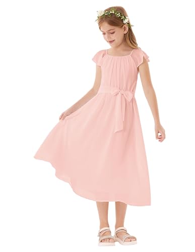 Image of GRACE KARIN Girls Evening Dress Elegant Pink Chiffon Maxi Dress V-Back Elastic Waist A-Line Party Gown Light Pink 12-14 Years