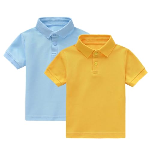 Paquete de 2 camisetas tipo polo para niños, casuales, de verano, transpirables, de algodón liso, manga corta, cuello polo, con botones, ajuste holgado, suave, uniforme escolar, uso diario al aire