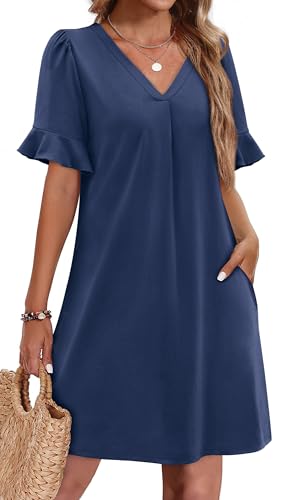 OFEEFAN Navy Blue Dress for Women Summer V Neck Dinner Dresses for Women 2026 with Pockets S at Amazon Women's Clothing store OFEEFAN Navy Blue Dress for Women Summer V Neck Dinner Dresses for Women 2026 with Pockets S at Amazon Women's Clothing store
