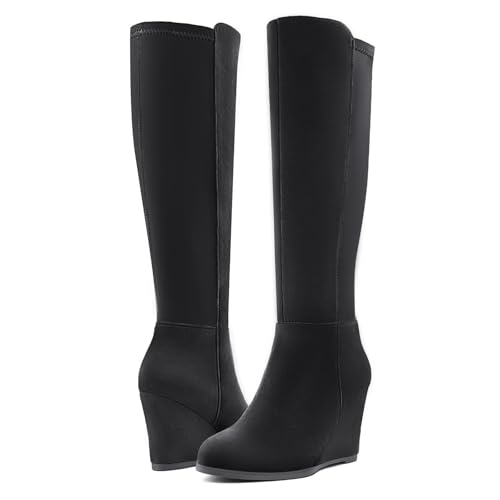 Women's Knee High Boots Wedge Heel Fashion Round Toe Stretchy Boots For Women With Side Zipper4