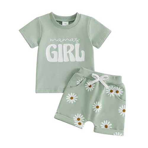 CIYCUIT Toddler Baby Girl Outfit – Short Sleeve Mama’s Girl Print T-Shirt & Daisy Shorts Set – 2-Piece Summer Clothes