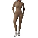 KFDGBF Winter Fleece Lined Jumpsuit - Thermal Yoga Onesie for Women, Outdoor Sports Gear for Running & Fitness (Camel Brown, S)