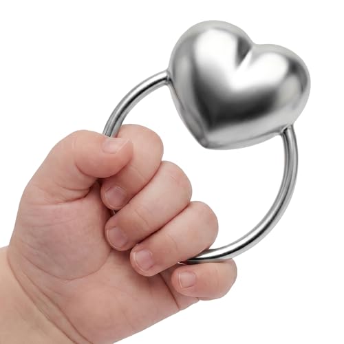 Image of Heart Teether Rattle Ring for Boy and Girl, .925 Sterling Silver, Newborn Gifts, Non-Tarnishing, Beautiful Box Packaging, Custom Engraving Available