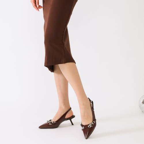 Image of Mostrin Kitten Heels for Women Pointed Toe Pumps Patent Leather Low Heel Slingback Heels with Buckle Dress Shoes for Dating Party Working