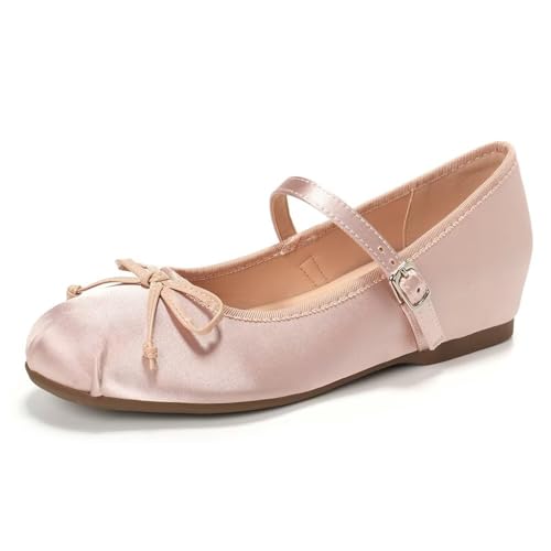 Hee grand Womens Mary Jane Shoes Bowknot Satin Round Toe Strap Ballet Shoes Hidden Wedge Heel Dress Shoes