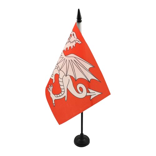 AZ FLAG - Drapeau De Table Dragon Blanc D'Angleterre 21x14 cm - Petit Drapeau Anglais De Bureau 100% Polyester Avec Hampe De 25cm Et Socle En Plastique Noir