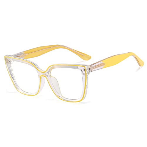 kachawoo Mode Lunettes carrées Cadre Grand Chat Oeil Bleu Lumière Blocage Eyewears Rétro Femmes Lunettes pour Femmes 2023, Jaune avec transparent, Large Cover