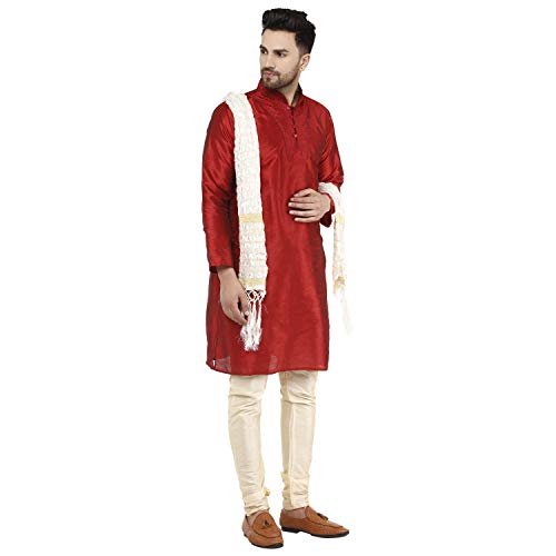 Image of SKAVIJ Men's Art Silk Embroidered Kurta Pyjama Scarf Set 3-Piece Woven Design Festive Party Dress