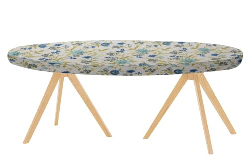 Image of The Furnishing Tree Elastic Cotton Oval Dining Table Cover 30x48 in Inches Floral Blue Leaf on offwhite Base