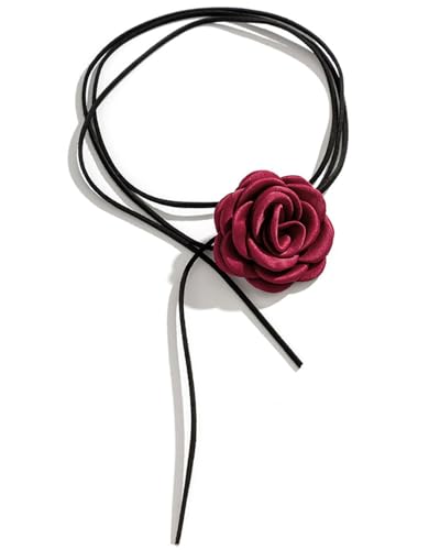 AORHOFJ Gargantilha flores vintage, colar de flores boho colar de rosa de tecido ajustável para mulheres meninas noiva casamento festa aniversário, colar vermelho mulher, colares vermelhos