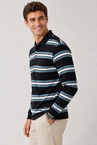Image of SANE ORIGINALS Full Sleeves Polo Collar Tshirt for Men with Pocket || Stripe Collar and Pocket Tshirt for Men Long Sleeves Navy Blue