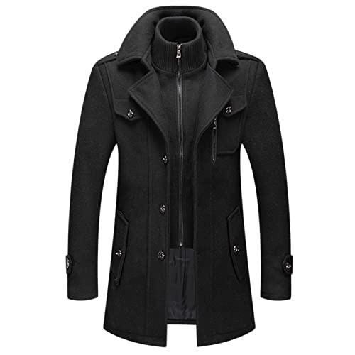 Image of Lu's Chic Men's Winter Business Casual Zip Up Jacket Wool Trench Coat Slim Fit Top Coat Single Breasted Peacoat