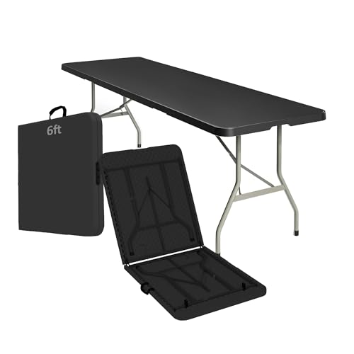ONUUNPY 6ft Heavy Duty Portable Folding Table - Plastic Dining Table Indoor/Outdoor Black Plastic...