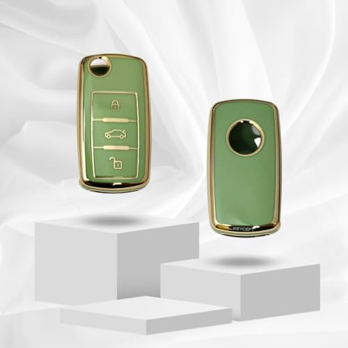 Image of Keycept Gold Line TPU Key Cover Compatible with Polo, Vento, Jetta, Ameo, Passat, Rapid, Laura, Superb, Octavia, Fabia, Yeti 3 Button Flip Key with Keychain. (Type 2, Green)