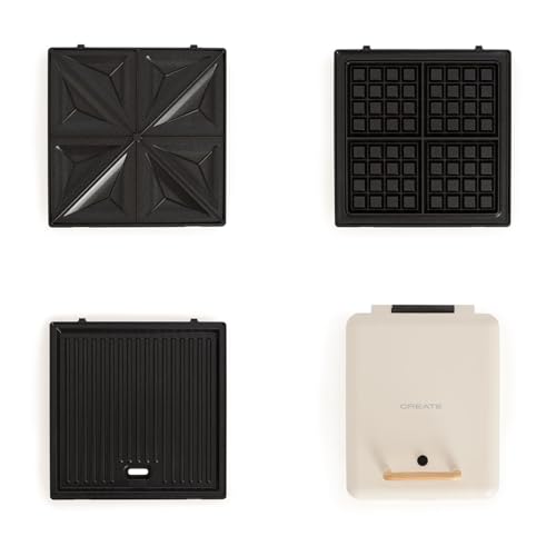 CREATE/STONE STUDIO/Sandwichera grill y gofrera cuádruple blanco roto / 3 placas intercambiables: Grill, Gofre y Sandwich, antiadherente, apertura 180º, 4 rebanadas, autoapagado, retro, 1600W