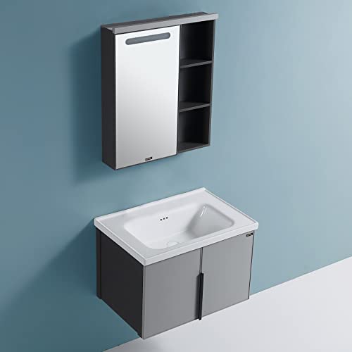 Image of Plantex Aluminum Bathroom Vanity Cabinet Set /LED Light Glass Mirror Cabinet /Ceramic Basin for Bathroom - Wall Mount (Grey)