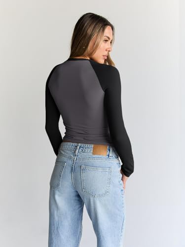 Trendy Queen Women’s Long Sleeve Shirts Slim Fit Stretchy Color Block Slightly Cropped Tops