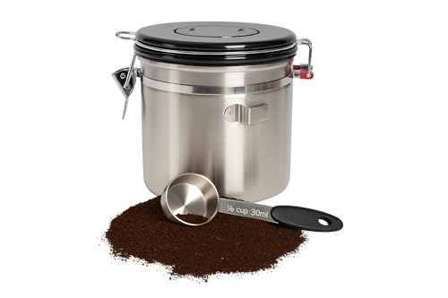 Stainless Steel Coffee Canister with Date Tracker, CO2 Release Valve, 1.5L Airtight Container, Measuring Spoon for Coffee Beans, Grounds, Tea