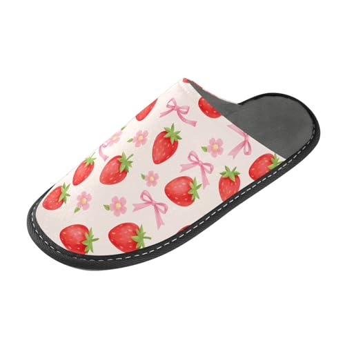 Slippers for Women Pink Bow Flowers Red Strawberry Pattern Soft Winter Warm Shoes Indoor Outdoor Non-Slip House Travel Slippers2