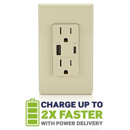 Image of Leviton T5634-I 60W (20V@2.5A+ 5V@2A) USB Dual Type A /Type-C Power Delivery in-Wall Charger with 15A Tamper-Resistant Outlet, USB Charger for Smartphones, Tablets, Laptops, Ivory