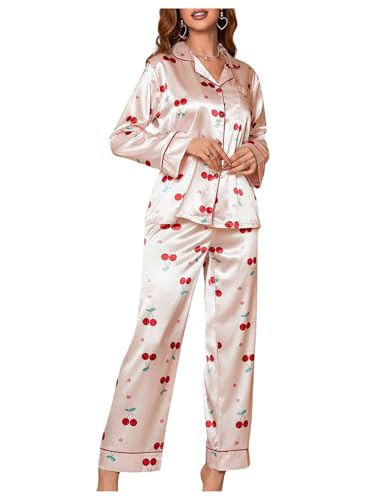 WDIRARA Women's 2 Piece Satin Sleepwear Cherry Print Long Sleeve Sleep Shirt and Pants Pajama Set