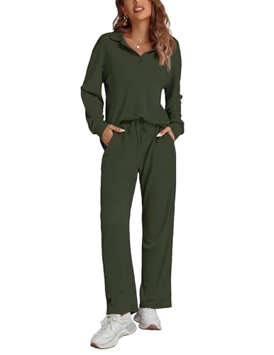 Ekouaer Womens 2 Piece Matching Lounge Sets Fall Outfits 2025 Sweatsuit Waffle Knit Pajamas Sets Long Sleeve Sweater Clothes
