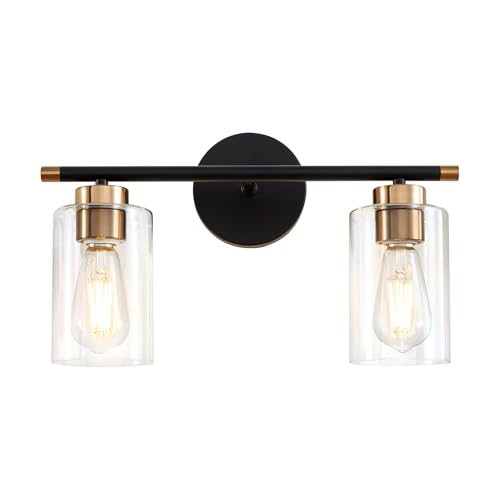Image of Black Bathroom Light Fixtures, 2-Light Bathroom Vanity Light Over Mirror, Modern Matte Black Wall Sconce Lighting Bath with Clear Glass Shade, Vanity Lights for Mirror Bedroom Living Room
